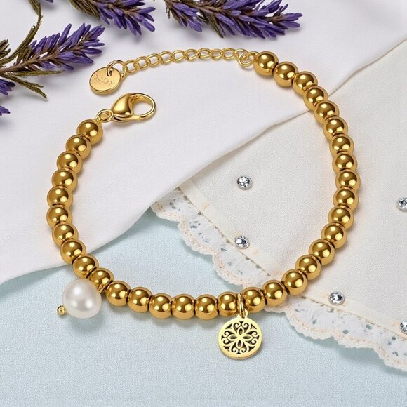 ๐๏ธBoho Chic Mandala Pearl Charm Bracelet 18K Gold Plated 316L Stainless Steel - Picture 1 of 11